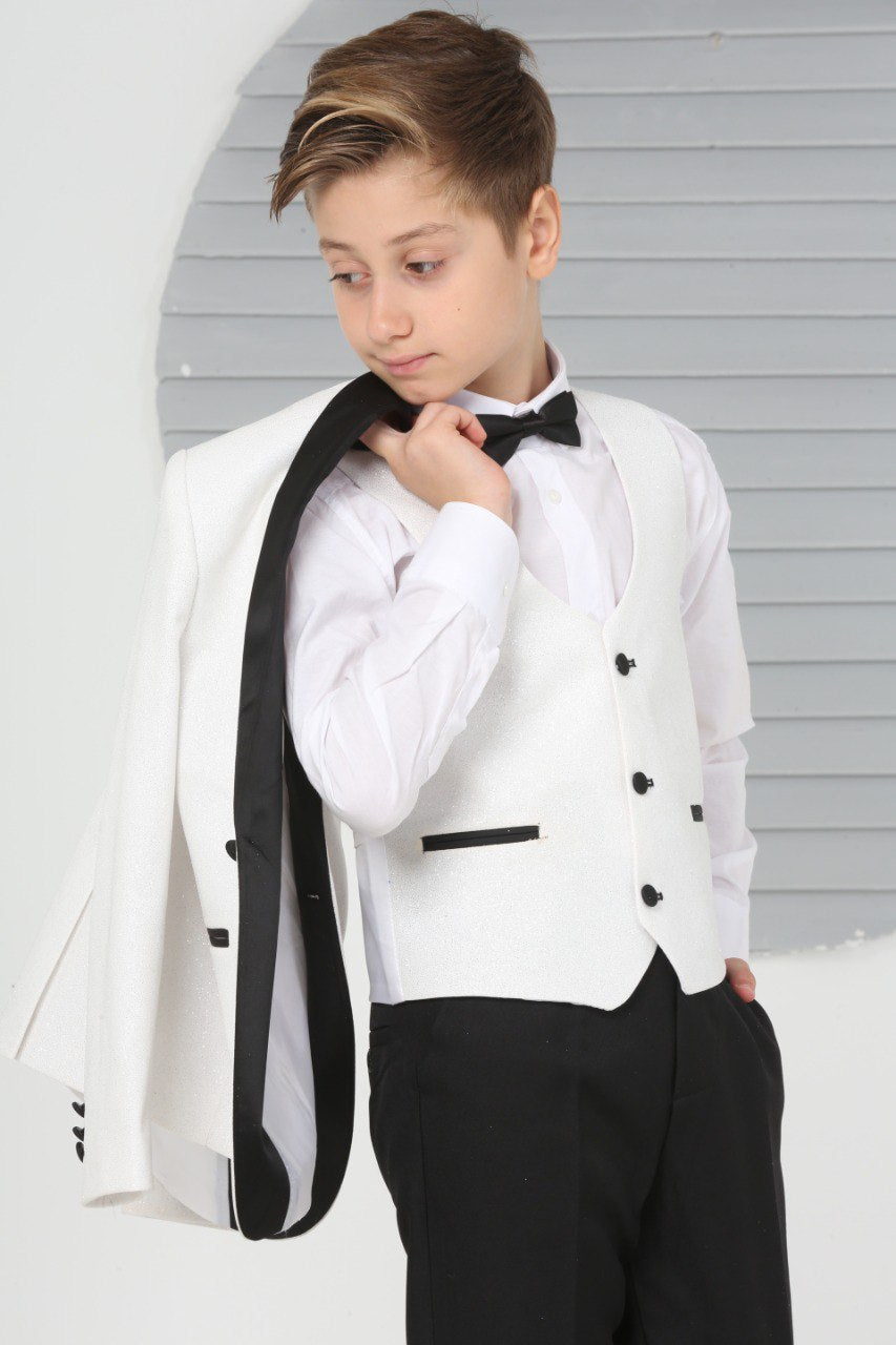 White Boys Pageboy Shimmer Wedding Tuxedo Suit in White Slim Fit 5 Piece Special Occasion Outfit