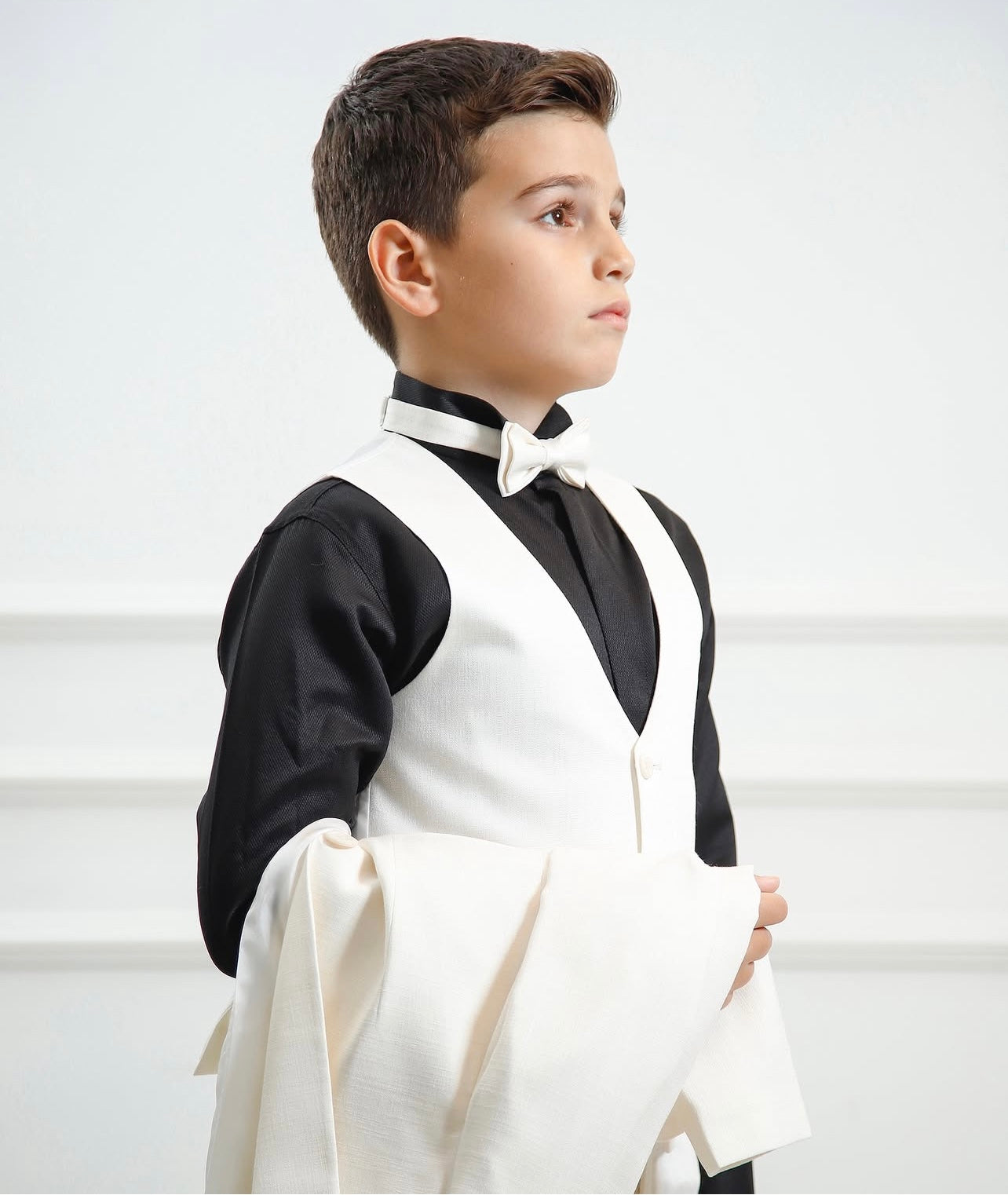 Boys Ivory Wedding Suits White Ivory Solid Colored Slim Fit Boys 5 Piece Special Occasion