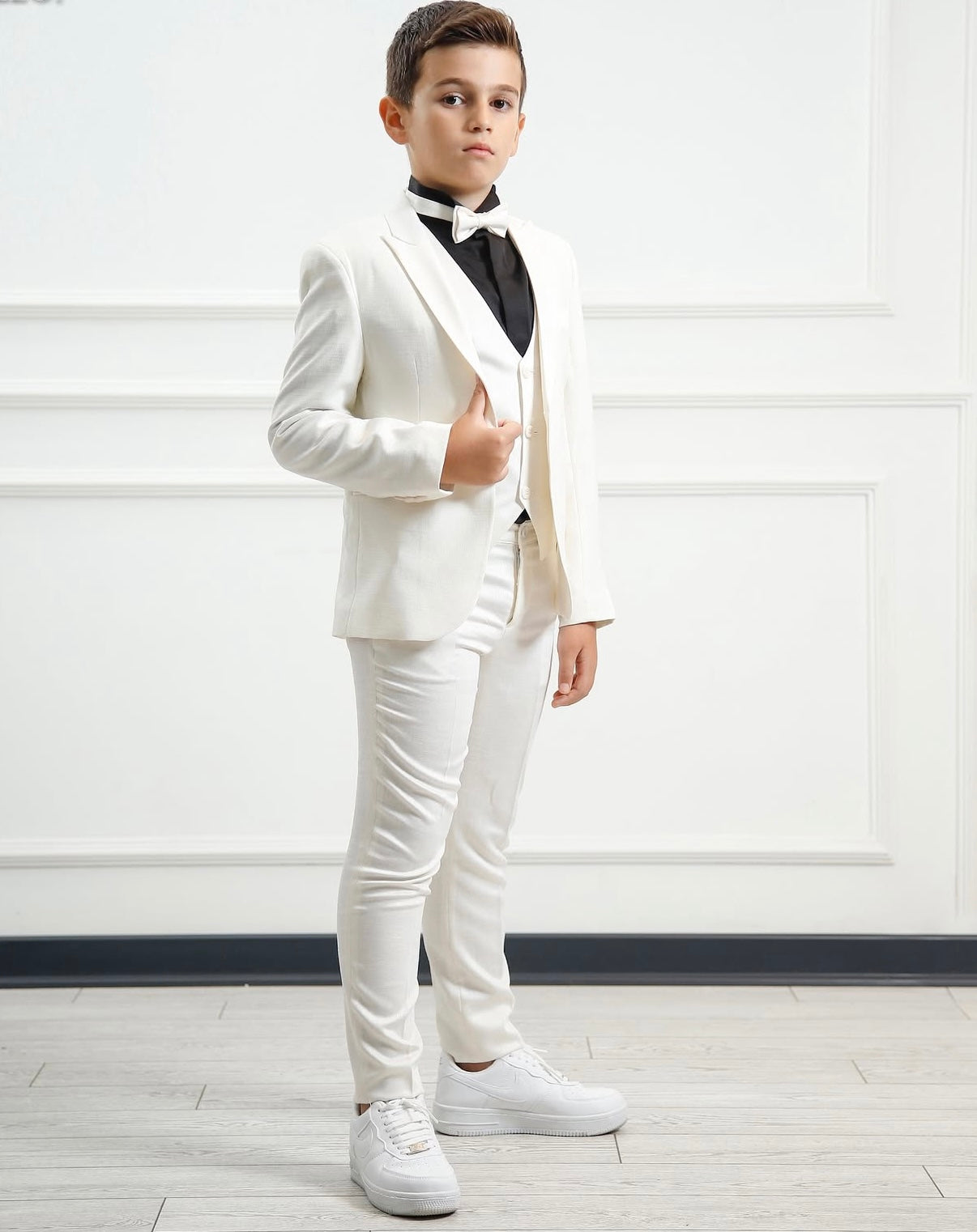 Boys Ivory Wedding Suits White Ivory Solid Colored Slim Fit Boys 5 Piece Special Occasion