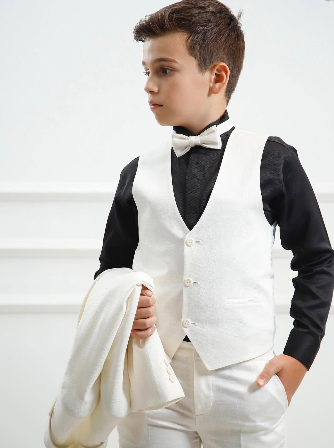 Boys Ivory Wedding Suits White Ivory Solid Colored Slim Fit Boys 5 Piece Special Occasion