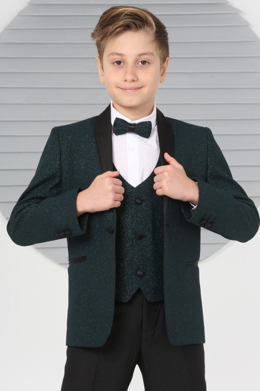 Green Shimmery Boy Wedding Tuxedo Suit in green Slim Fit 5 Piece Special Occasion Outfit
