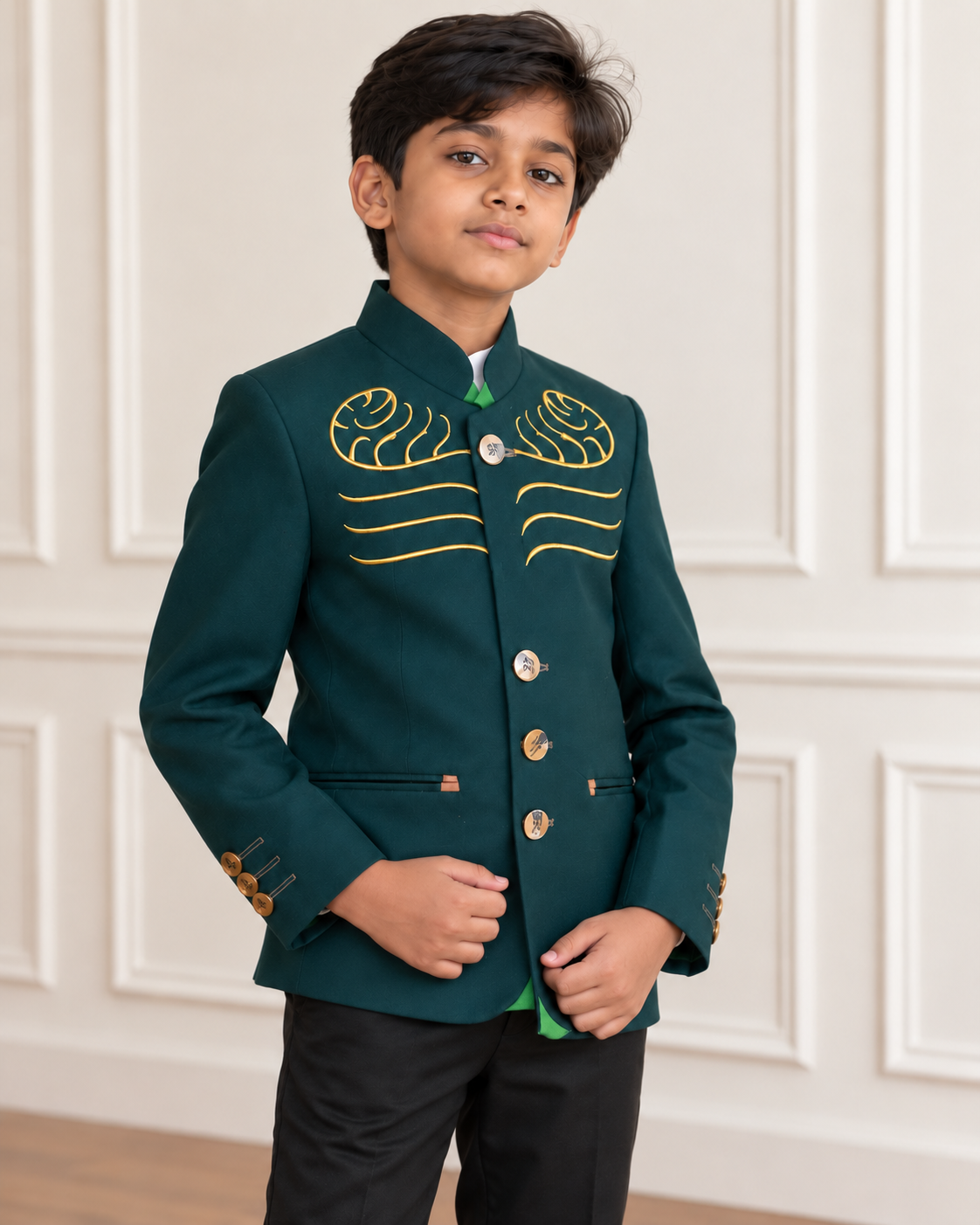 Indian boy modeling Boys Deluxe Rich Green Blazer - embroidery detail