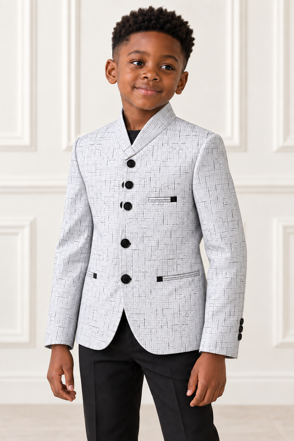 Black boy wearing Deluxe White Boy Blazer - detail view