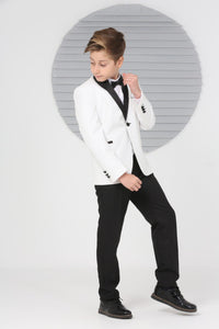 Boys Pageboy Shimmer Wedding Tuxedo Suit in White Slim Fit 5 Piece Special Occasion Outfit