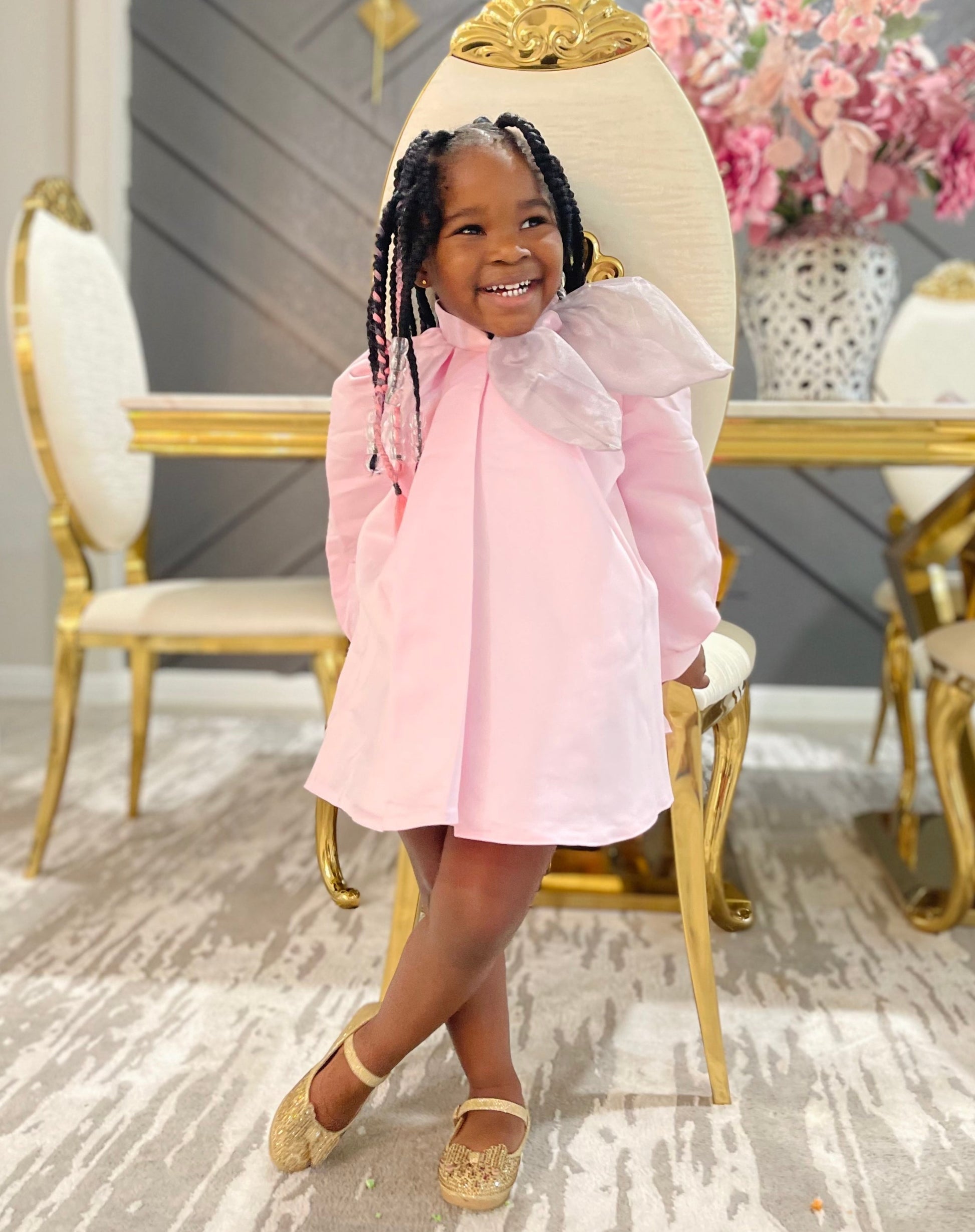 Pink Satin Long Sleeve Toddler Girl Dress with Bow Pink Satin Long Sleeve Toddler Girl Dress with Bow