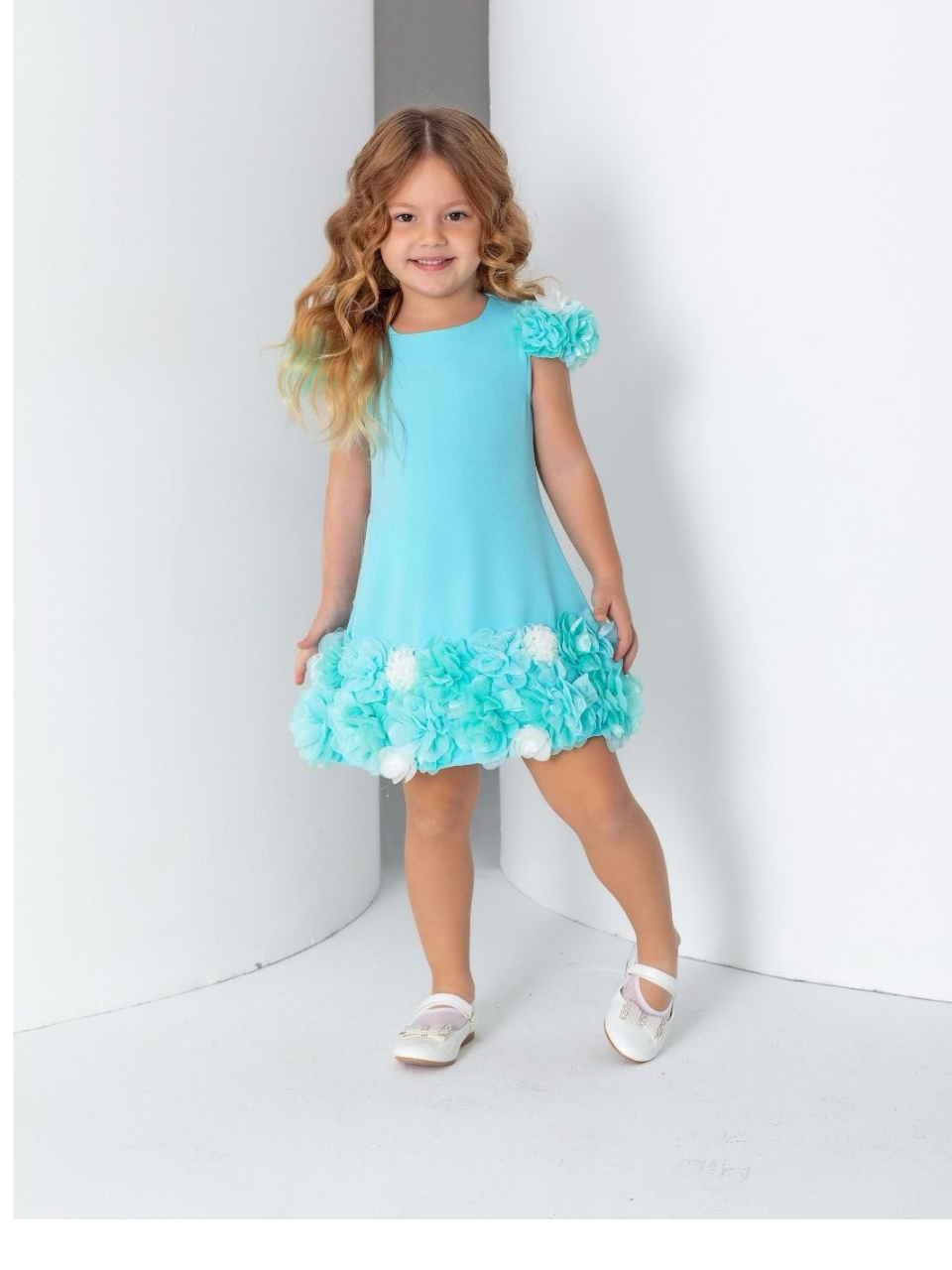 Teal Flowery Girl Dress, knee length dress, teal green gown for girls, short ball dress for kids with flowers