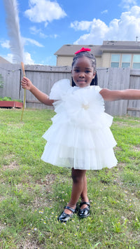 Girls White Layered Tulle Flower Dress | Birthday, Christening & Photoshoot Outfit