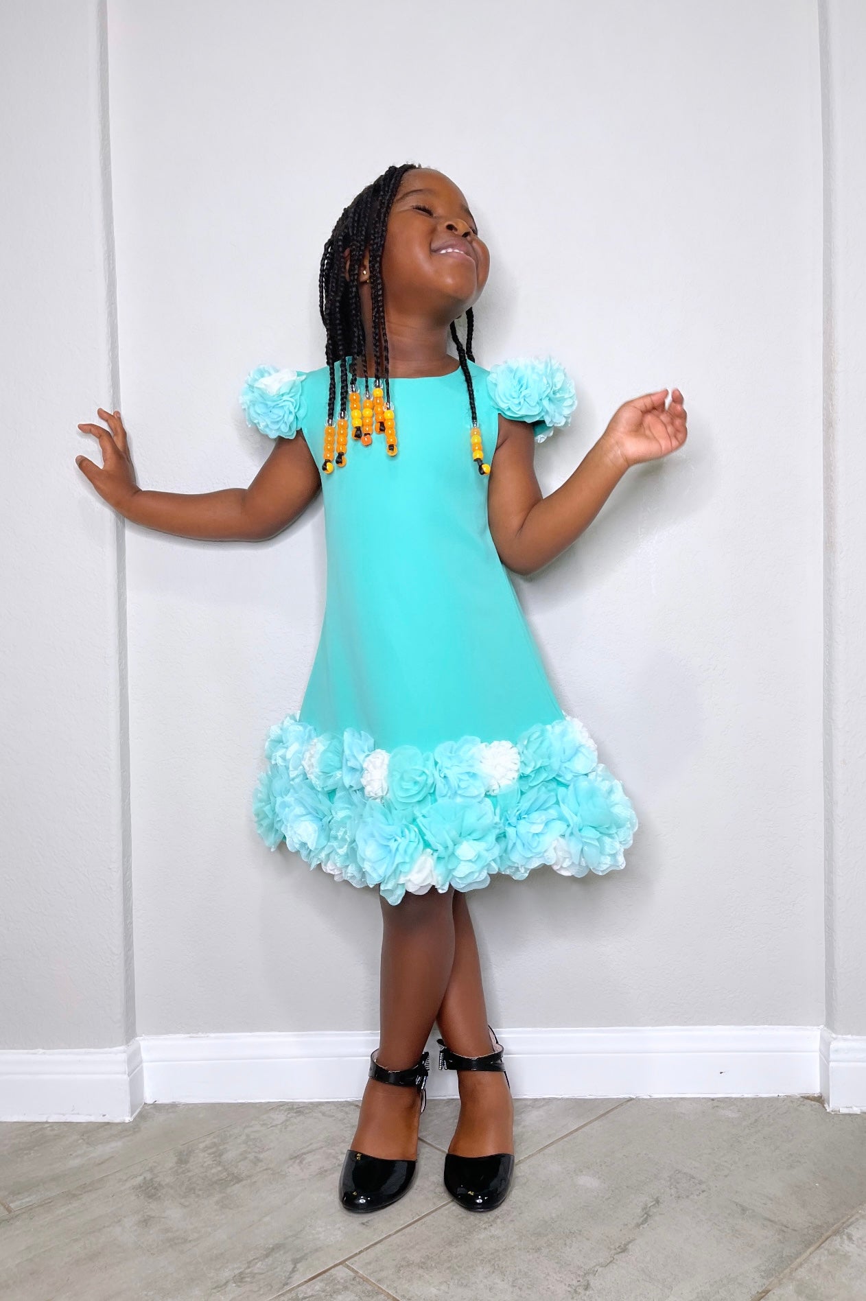 Teal Flowery Girl Dress, knee length dress, teal green gown for girls, short ball dress for kids with flowers