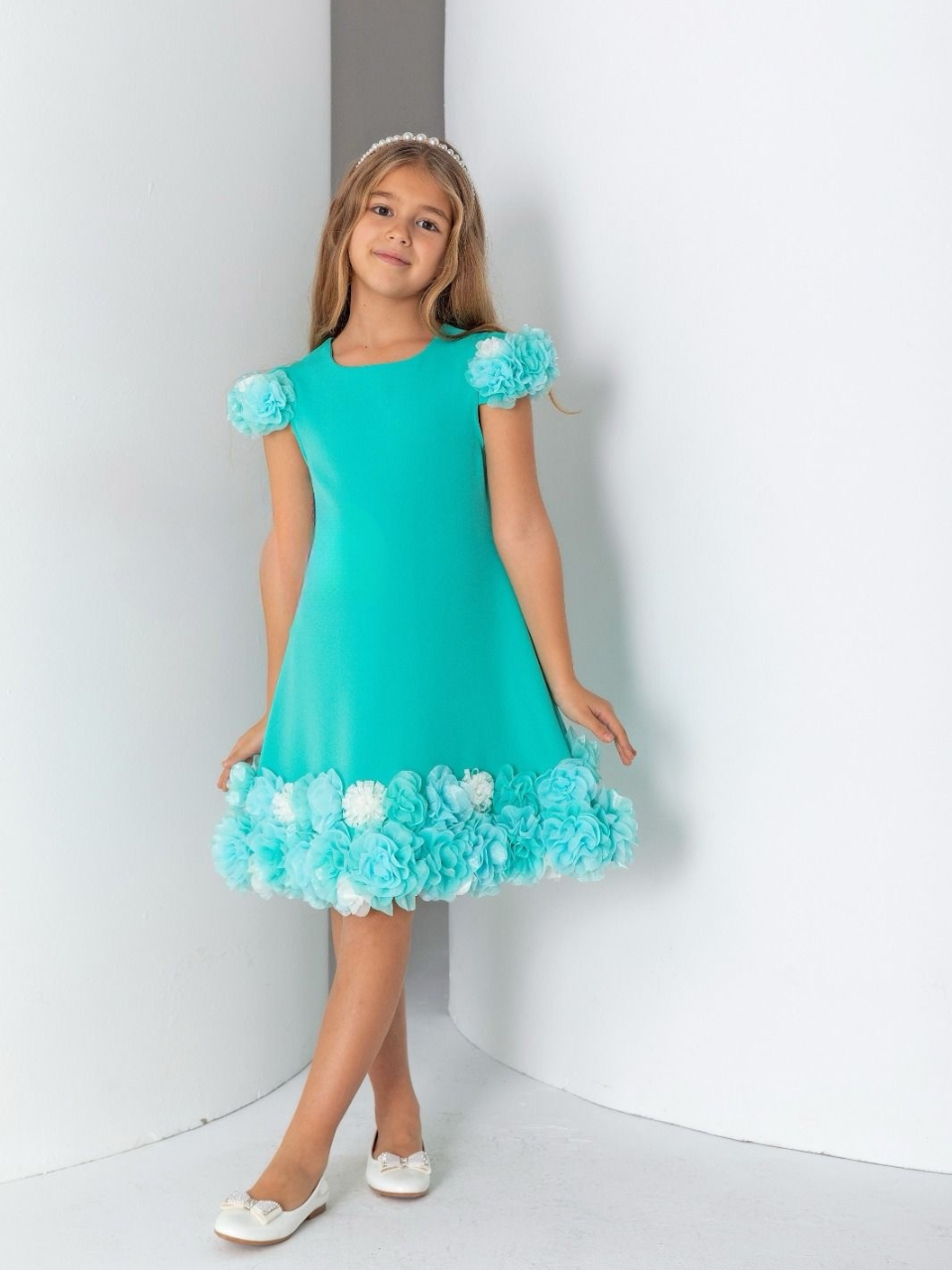 Teal Flowery Girl Dress, knee length dress, teal green gown for girls, short ball dress for kids with flowers