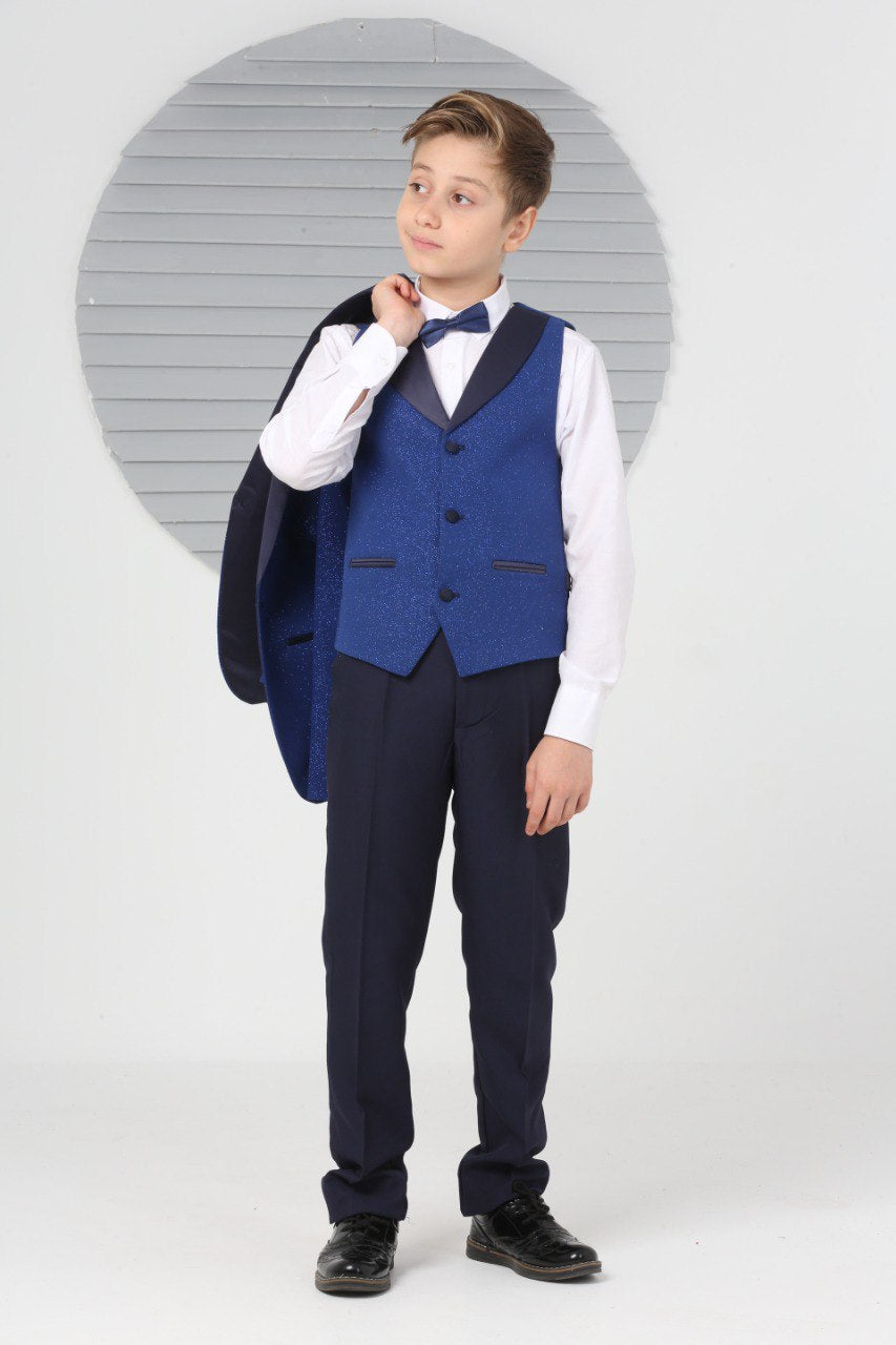 Boys Pageboy Shimmery Wedding Tuxedo Suit in Navy Blue Slim Fit 5 Piece Special Occasion Outfit