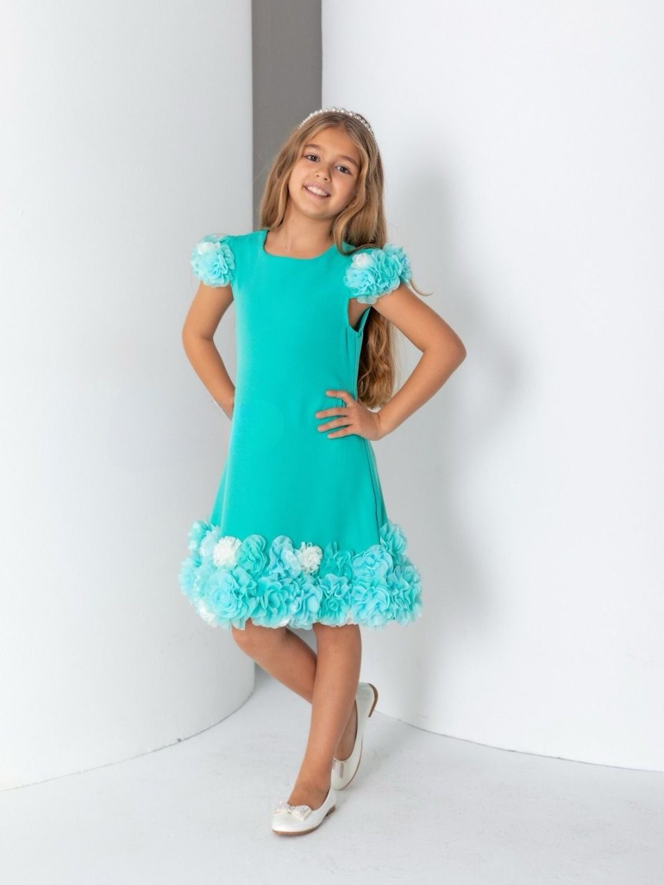 Teal Flowery Girl Dress, knee length dress, teal green gown for girls, short ball dress for kids with flowers