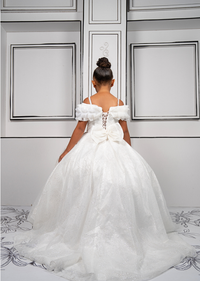 This elegant white ball gown is perfect for flower girls and little brides. With sparkly tulle and a dreamy silhouette, it’s a fairytale favorite.