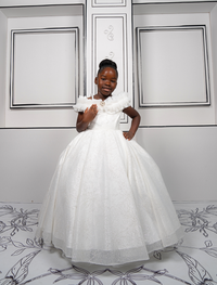 This elegant white ball gown is perfect for flower girls and little brides. With sparkly tulle and a dreamy silhouette, it’s a fairytale favorite.