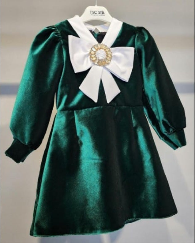 Green Velvet Girl Toddler, Bow Brooche Christmas Party, Birthday,  Baby Girl Dress