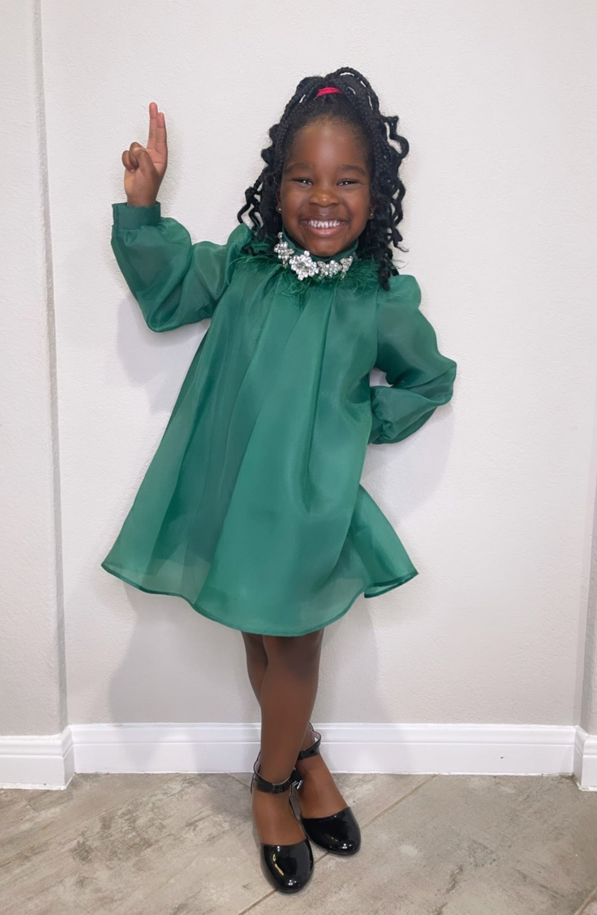 Green Long Sleeve Crystal Pendant Girl  Dress