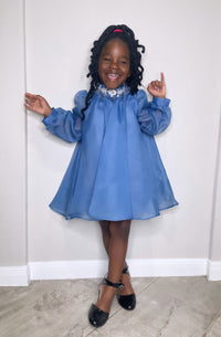 Blue Long Sleeve Crystal Pendant Girl  Dress