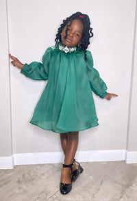 Green Long Sleeve Crystal Pendant Girl  Dress