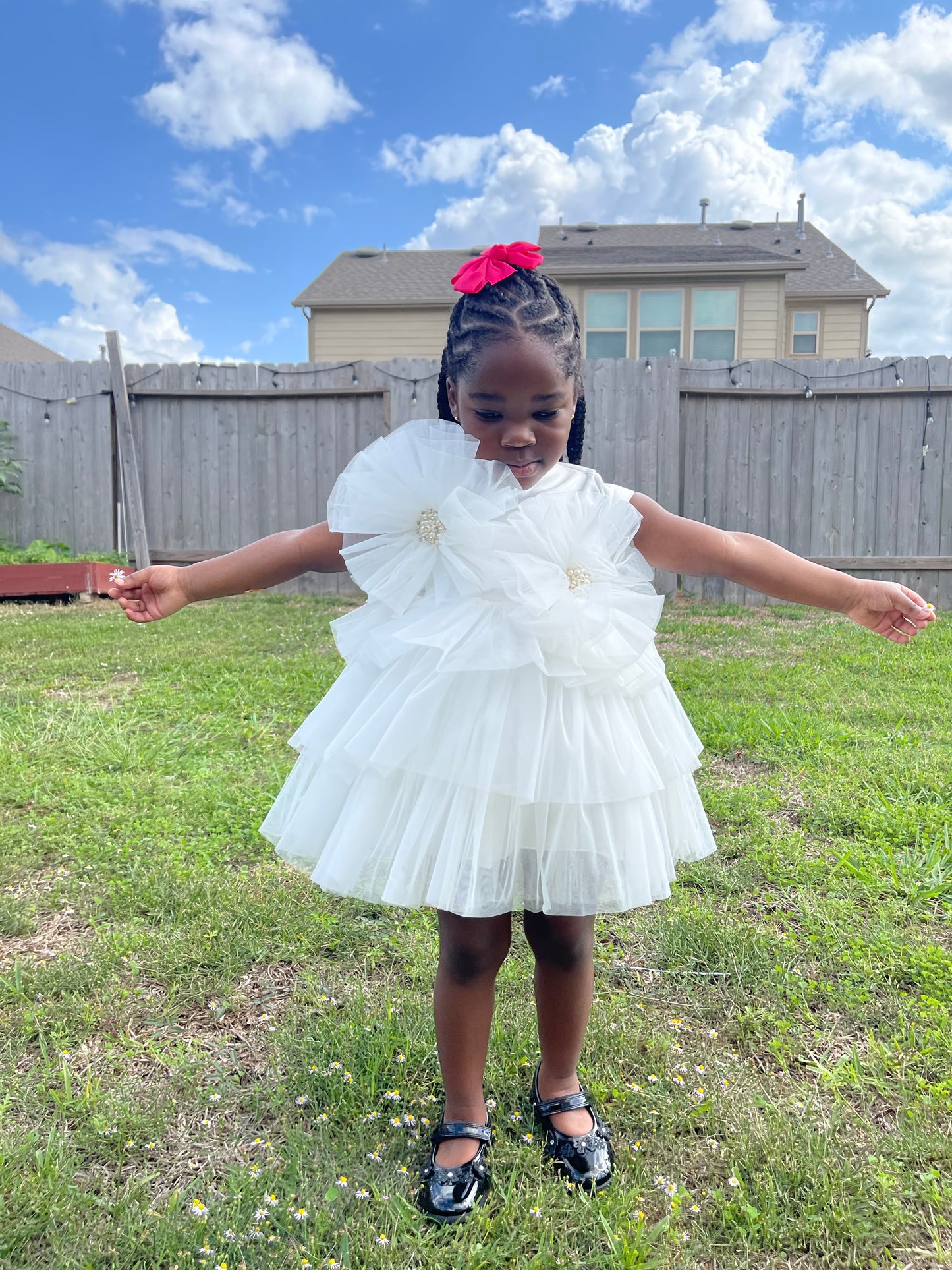 Girls White Layered Tulle Flower Dress | Birthday, Christening & Photoshoot Outfit