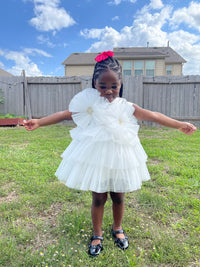 Girls White Layered Tulle Flower Dress | Birthday, Christening & Photoshoot Outfit
