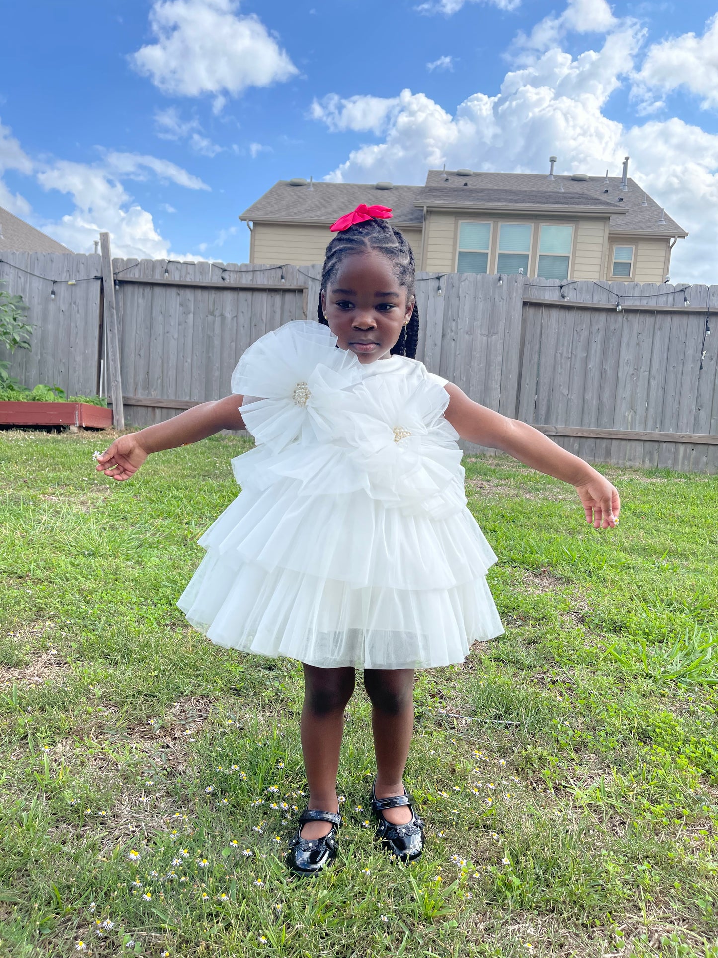 Girls White Layered Tulle Flower Dress | Birthday, Christening & Photoshoot Outfit