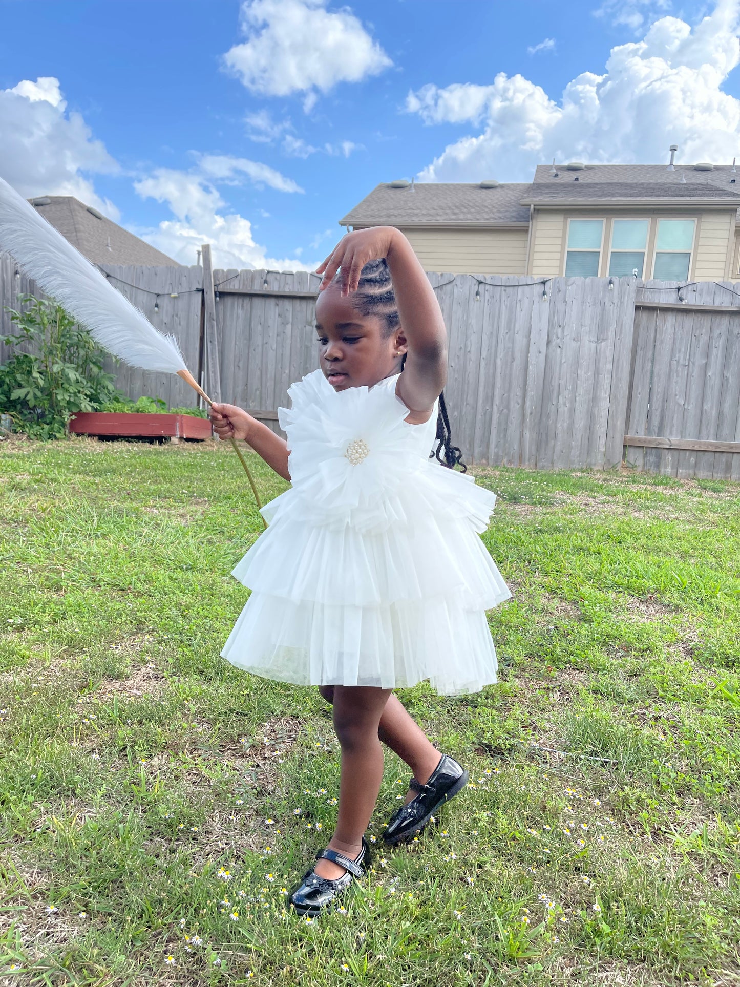 Girls White Layered Tulle Flower Dress | Birthday, Christening & Photoshoot Outfit