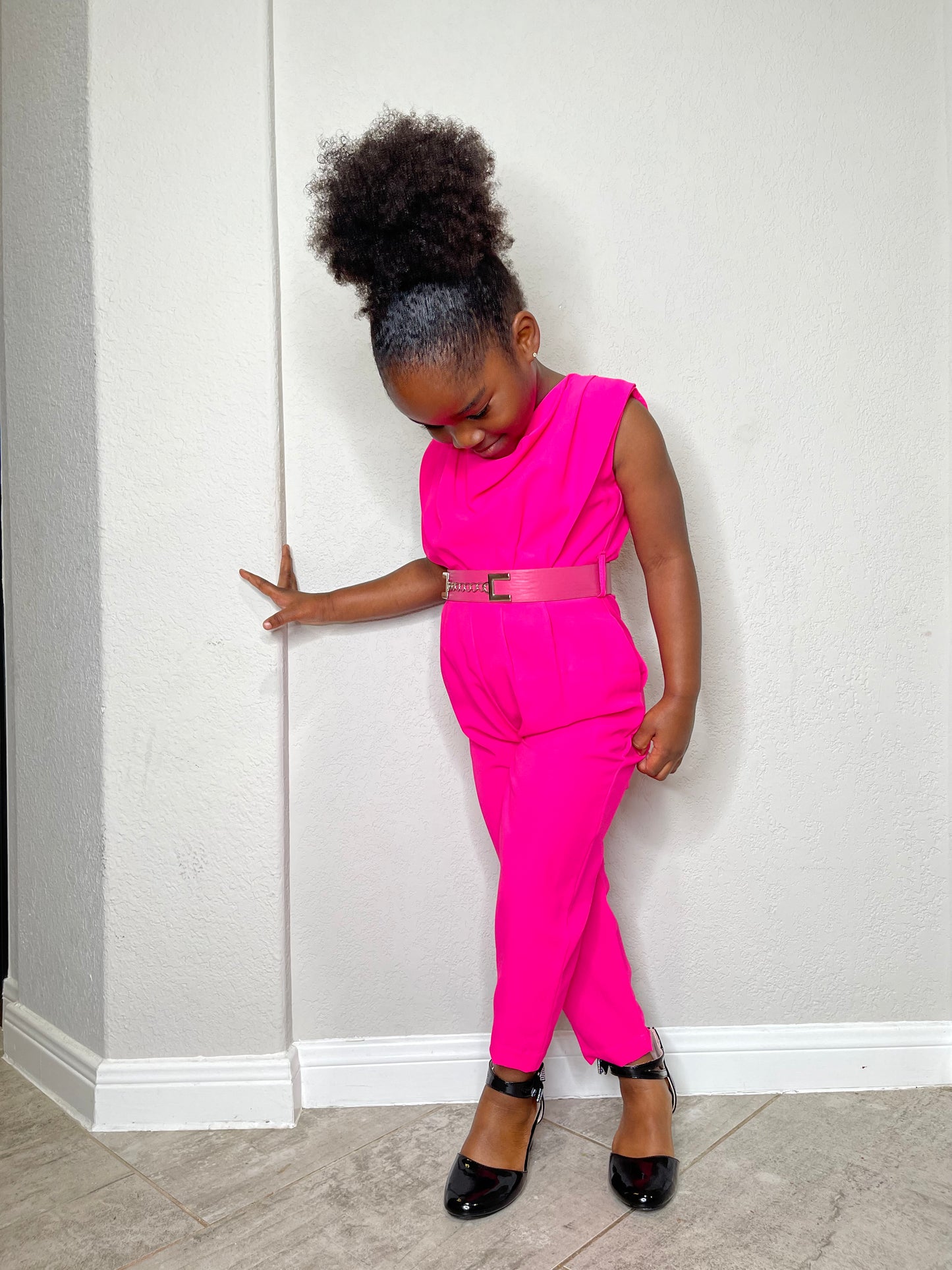 Pink belted Short Sleeve Girl Jumpsuit