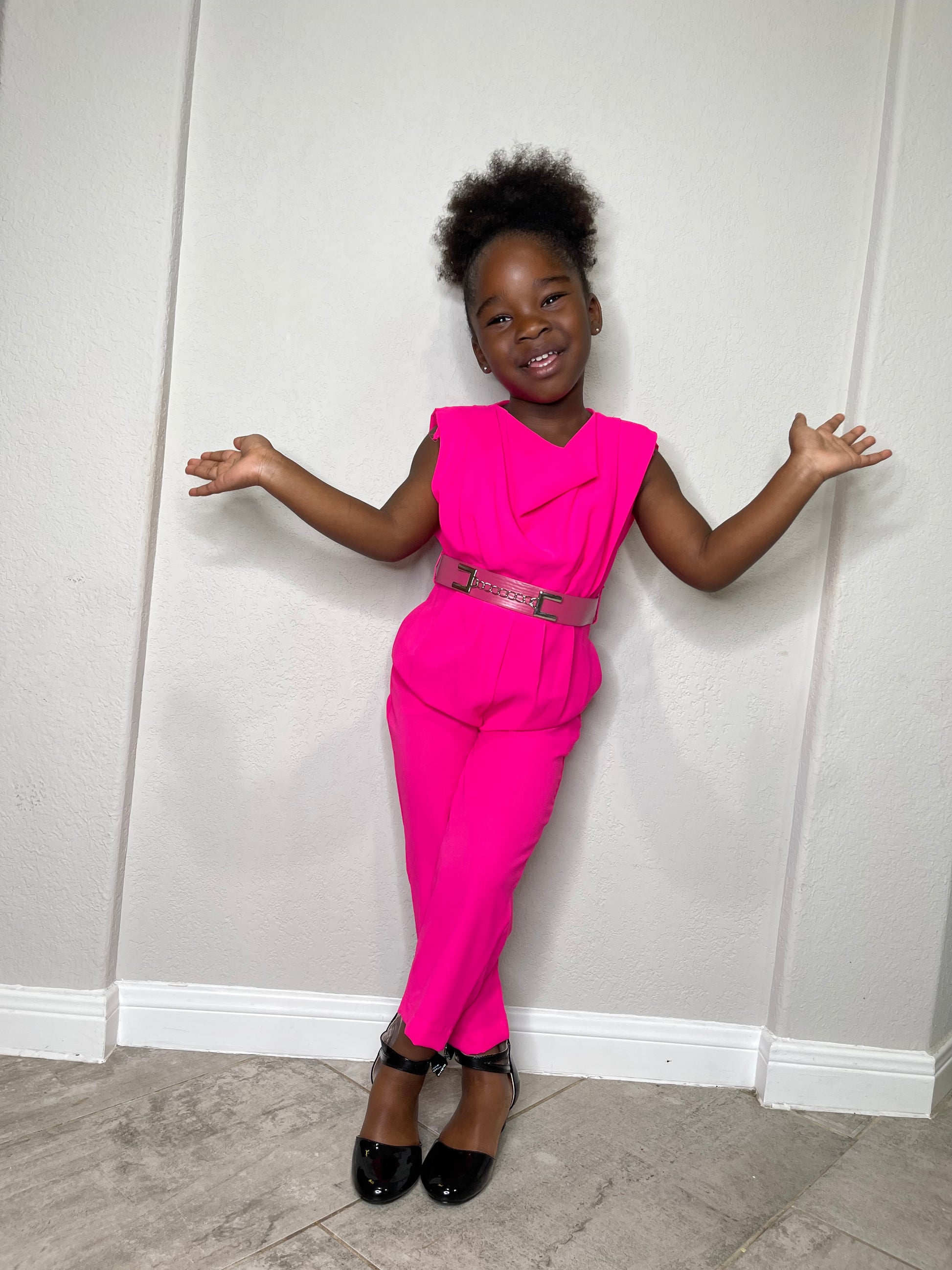 Pink belted Short Sleeve Girl Jumpsuit