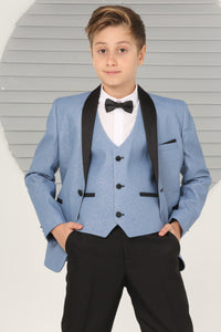 Boys Pageboy Shimmery Wedding Tuxedo Suit in Baby Blue Slim Fit 5 Piece Special Occasion Outfit