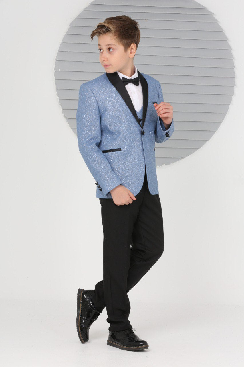 Boys Pageboy Shimmery Wedding Tuxedo Suit in Baby Blue Slim Fit 5 Piece Special Occasion Outfit