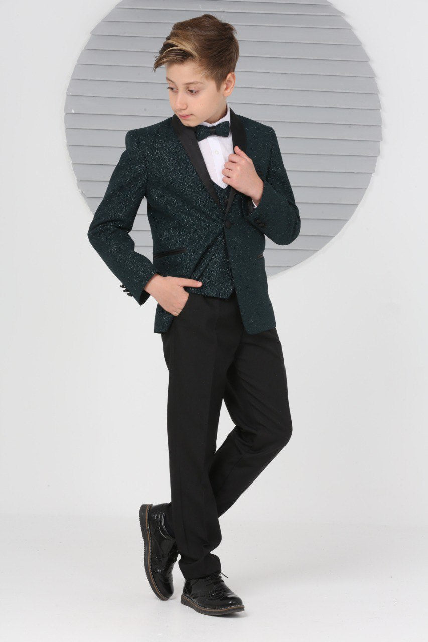 Boys Pageboy Shimmery Wedding Tuxedo Suit in green Slim Fit 5 Piece Special Occasion Outfit