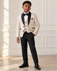 Black boy modeling Beige and Gold 5 Piece Boy Tuxedo - front view