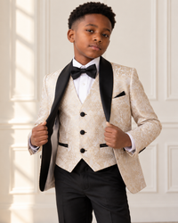 Black boy modeling Beige and Gold 5 Piece Boy Tuxedo - waistcoat detail