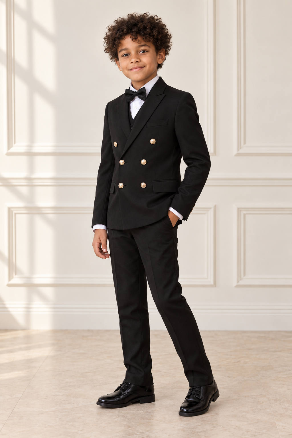 Mixed-race boy wearing black double-breasted gold-button suit, angled view