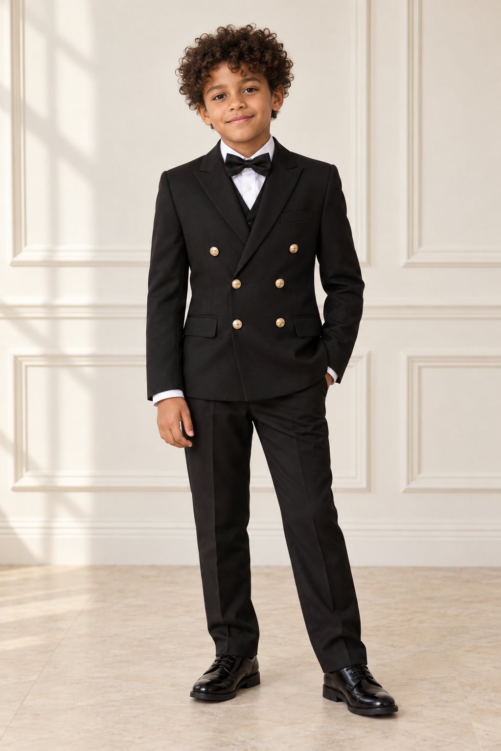 Mixed-race boy wearing black double-breasted gold-button suit, front view