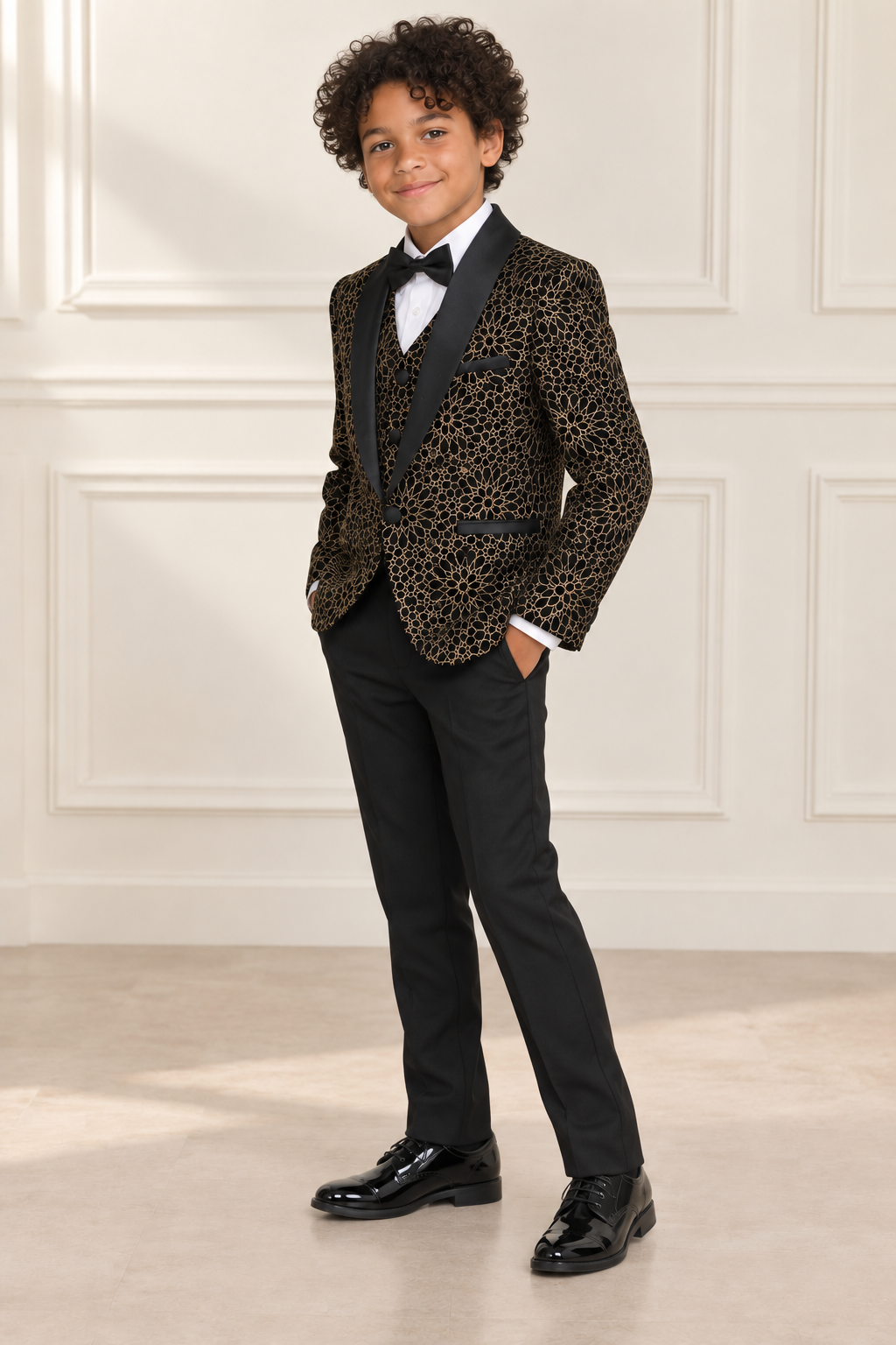 Mixed-race boy wearing black and gold shimmery tuxedo, angled view
