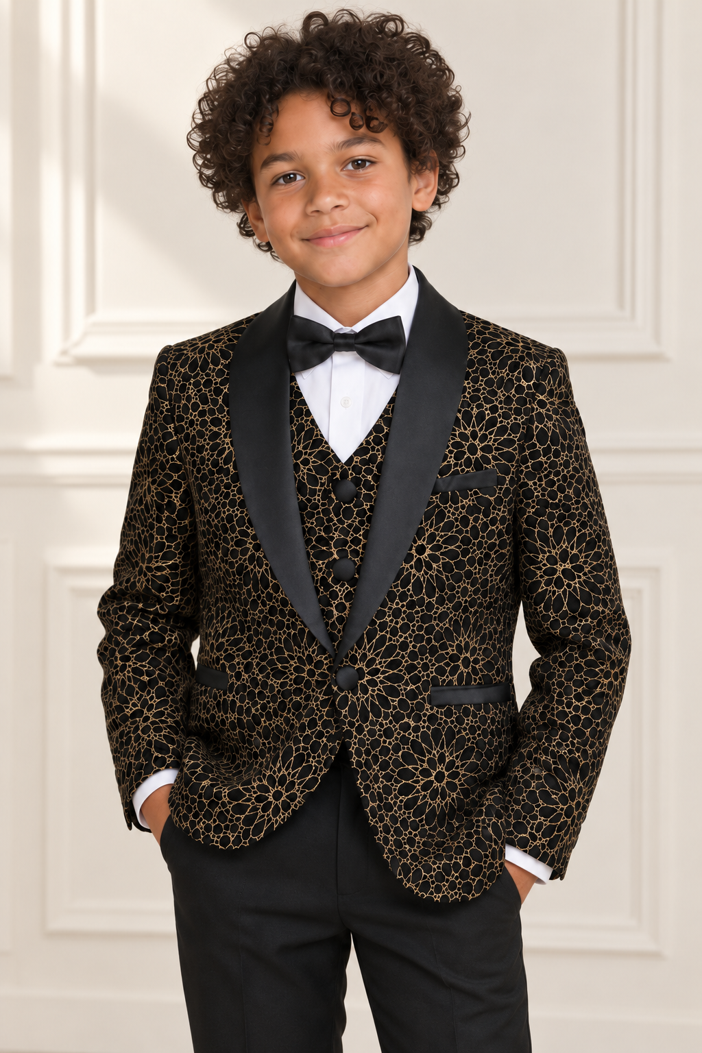 Mixed-race boy wearing black and gold shimmery tuxedo, detail view