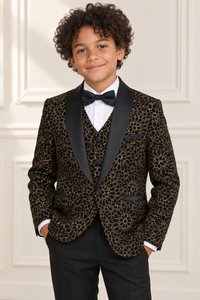 Mixed-race boy wearing black and gold shimmery tuxedo, detail view
