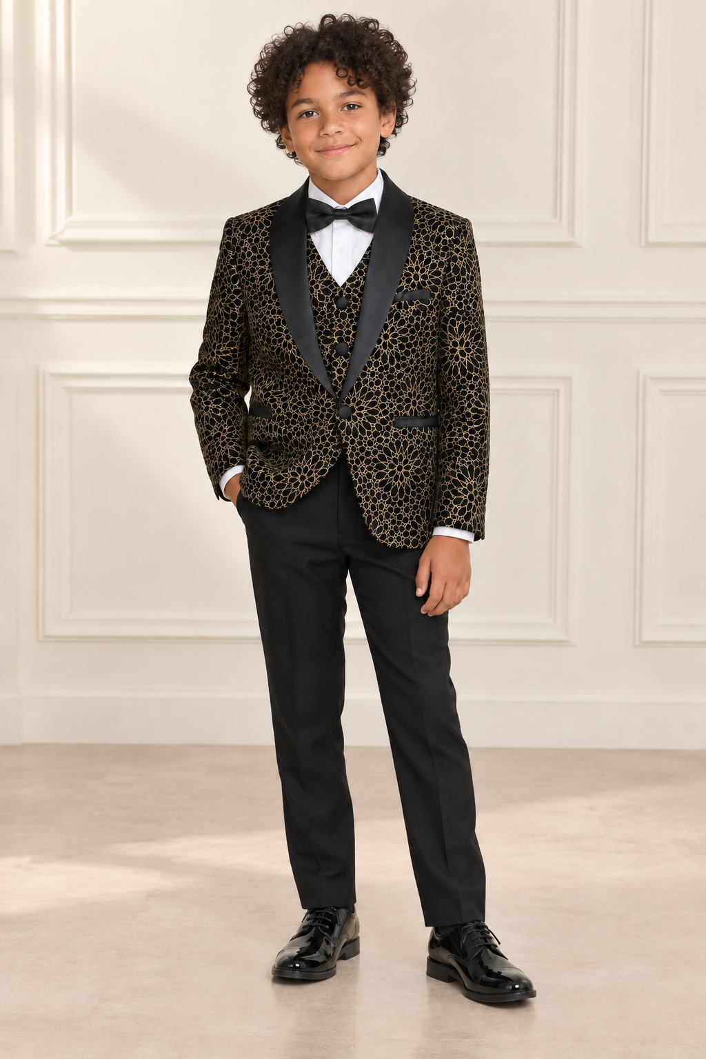 Mixed-race boy wearing black and gold shimmery tuxedo, front view
