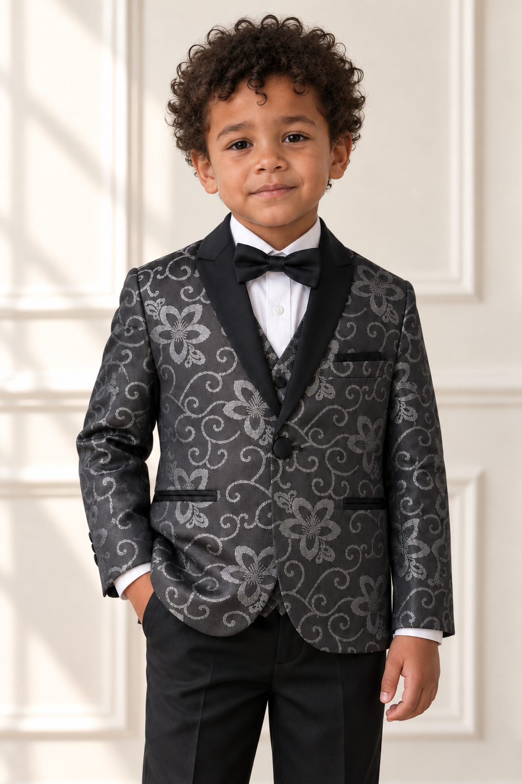 Mixed-race boy wearing black and silver floral suit, detail view