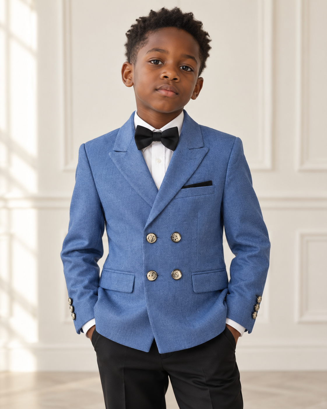 Black boy modeling Blue Double Breasted Gold Button Boy Blazer - front view
