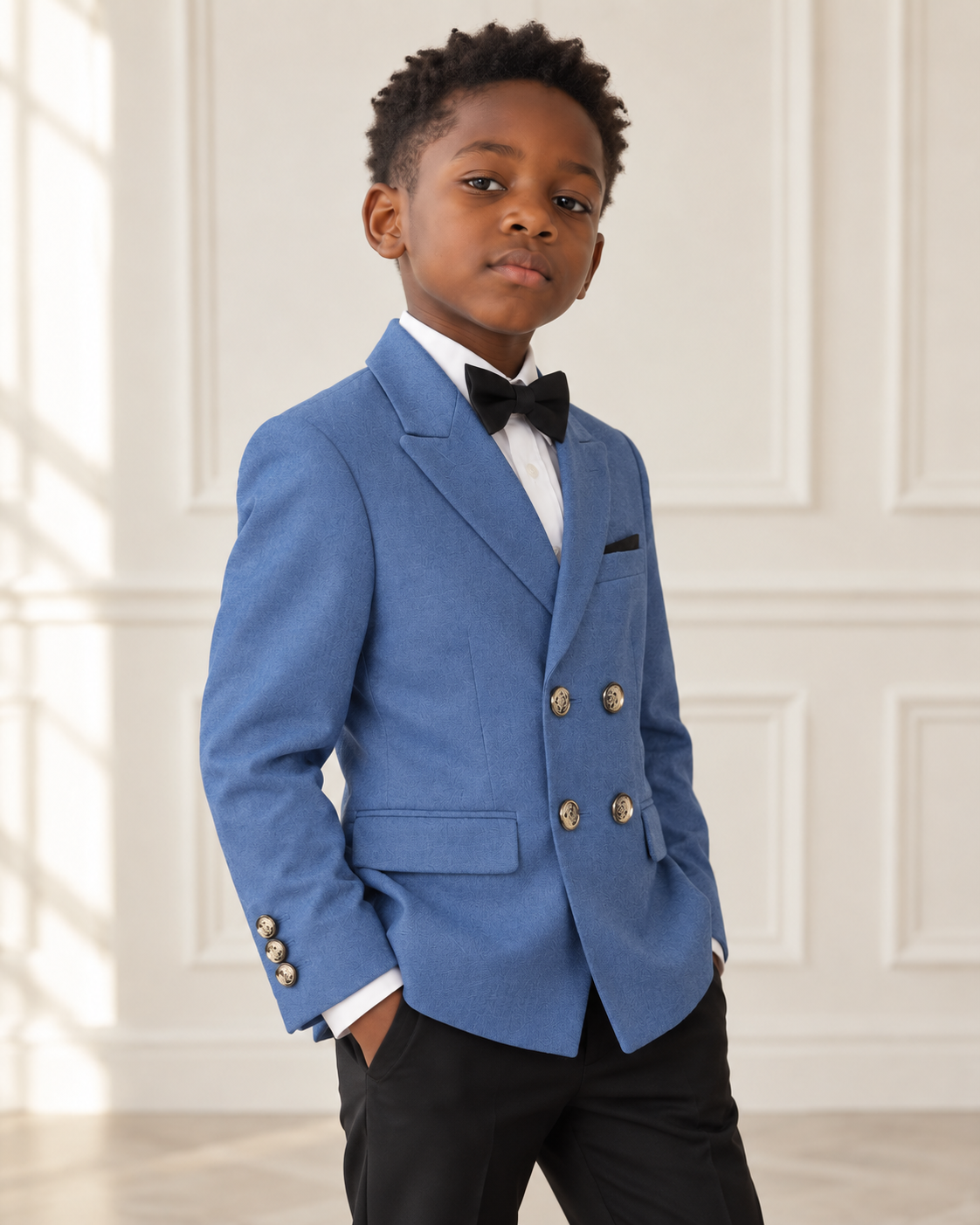 Black boy modeling Blue Double Breasted Gold Button Boy Blazer - angled view