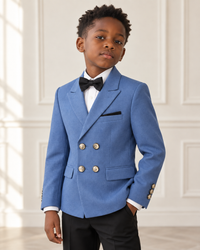 Black boy modeling Blue Double Breasted Gold Button Boy Blazer - detail view