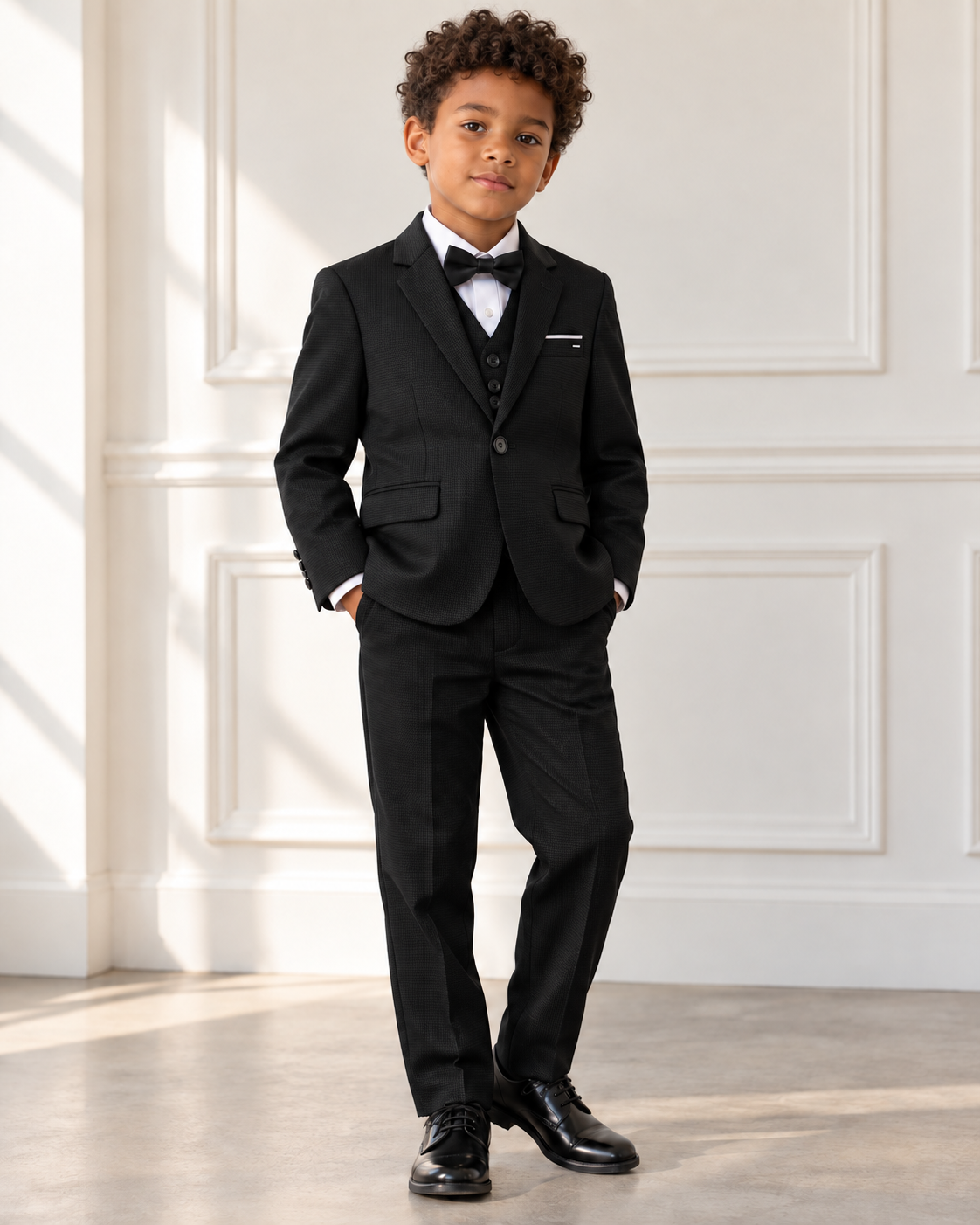 Mixed-race boy modeling Boys Black 3-Piece Suit - front view