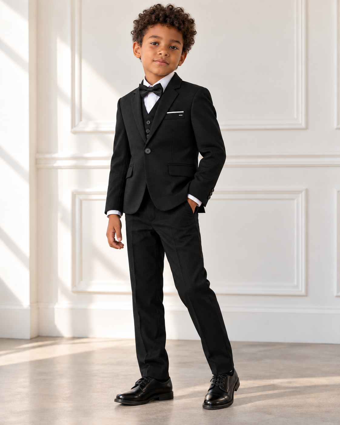 Mixed-race boy modeling Boys Black 3-Piece Suit - angled view