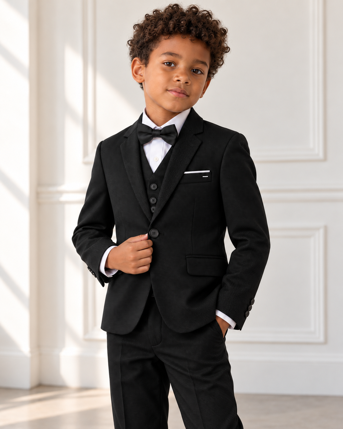 Mixed-race boy modeling Boys Black 3-Piece Suit - detail view