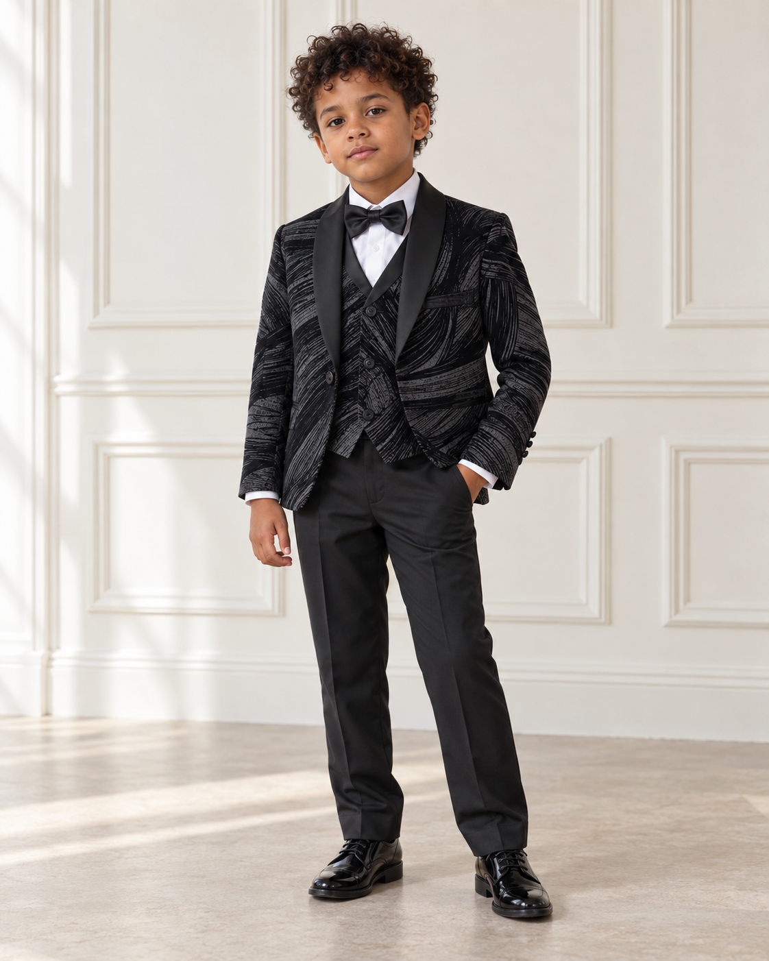 Mixed-race boy modeling Boys Black 5-Piece Suit Set - front view