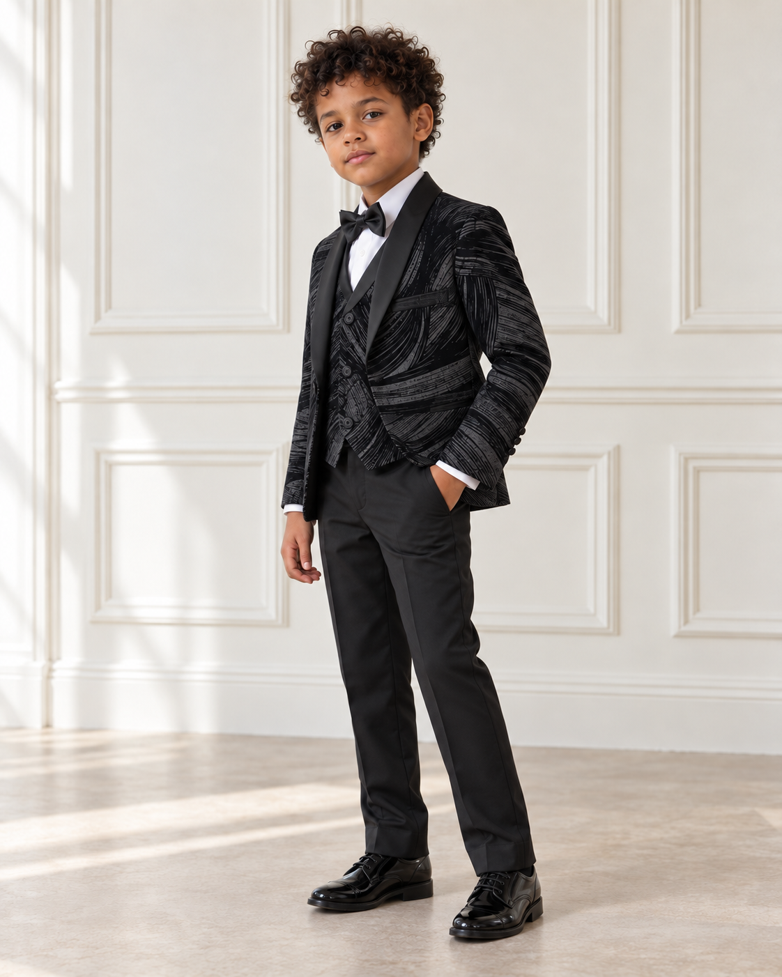 Mixed-race boy modeling Boys Black 5-Piece Suit Set - angled view