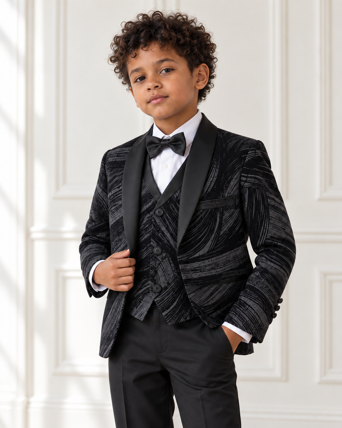 Mixed-race boy modeling Boys Black 5-Piece Suit Set - waistcoat detail