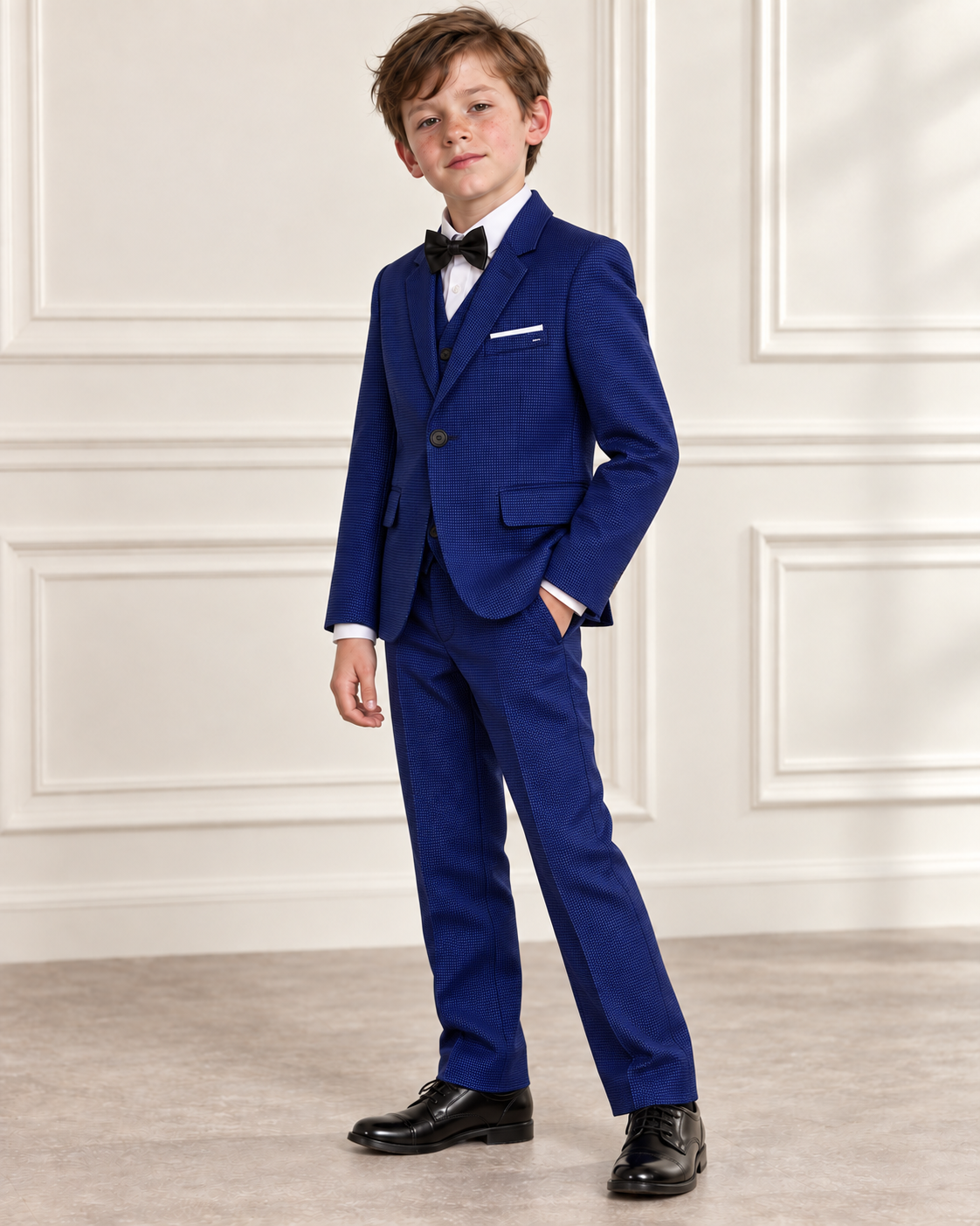 White boy modeling Boys Midnight Blue 3-Piece Suit - angled view