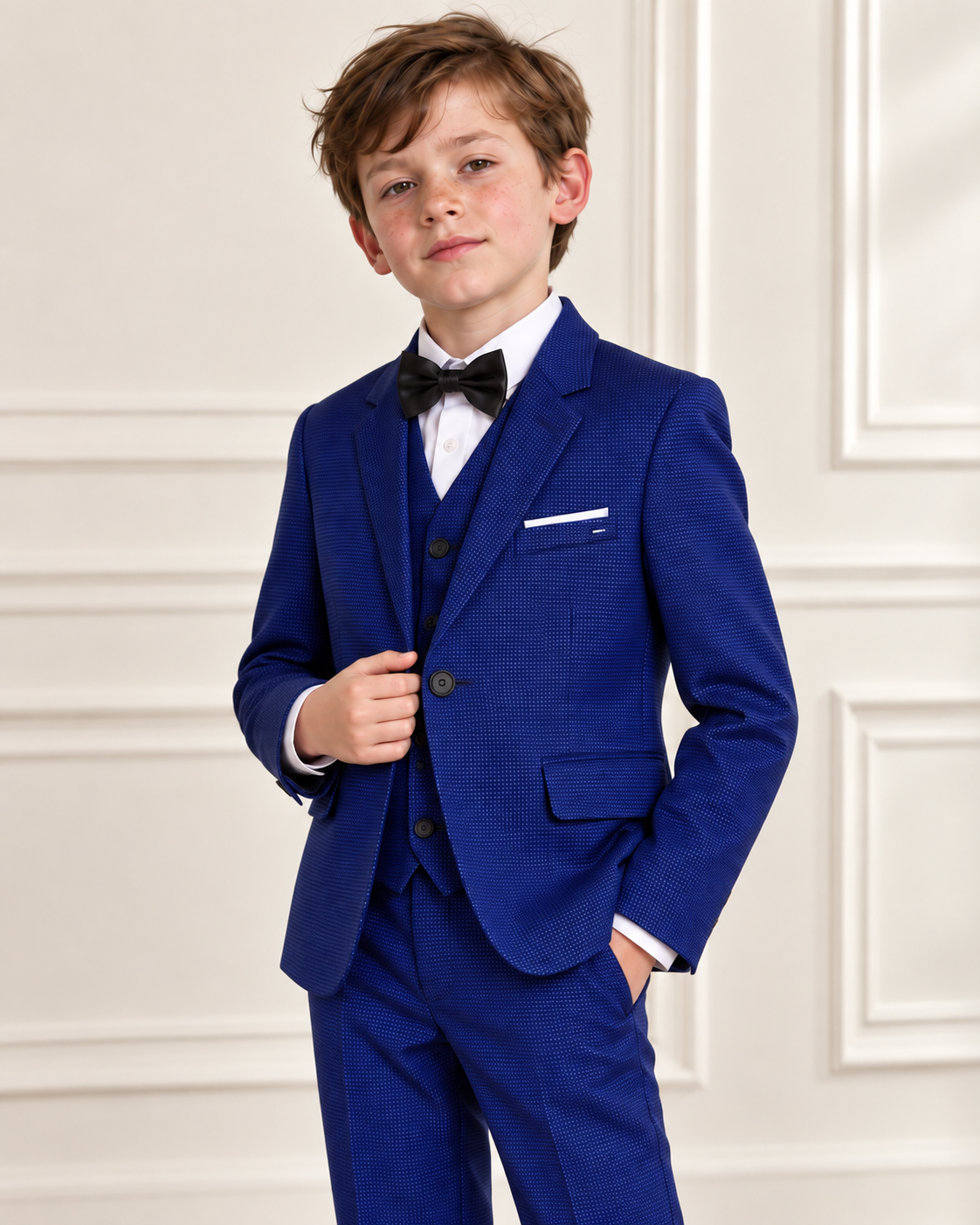 White boy modeling Boys Midnight Blue 3-Piece Suit - detail view